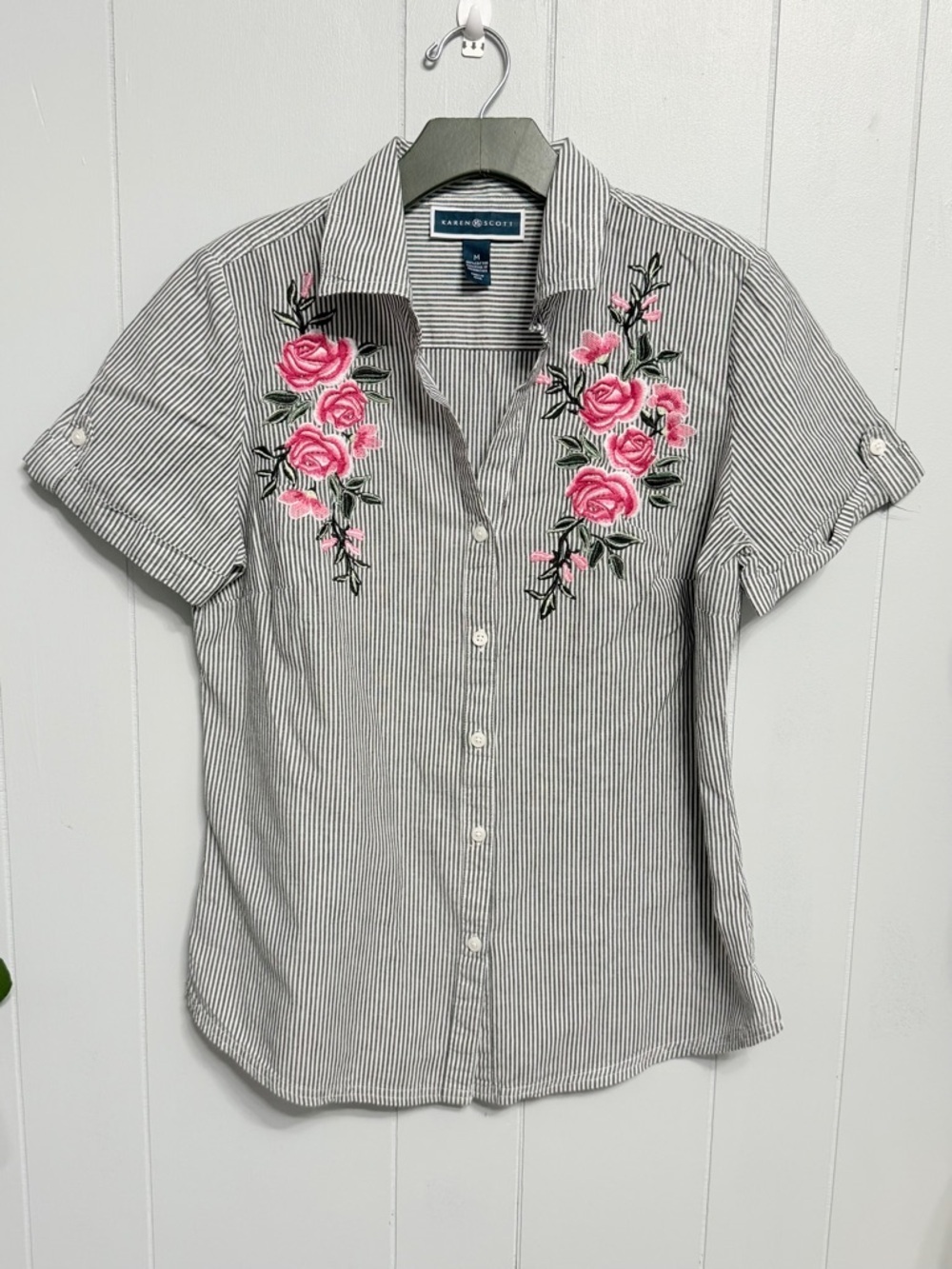 #7) Karen Scott Cotton Black and White Striped with Floral Embroidered Shirt